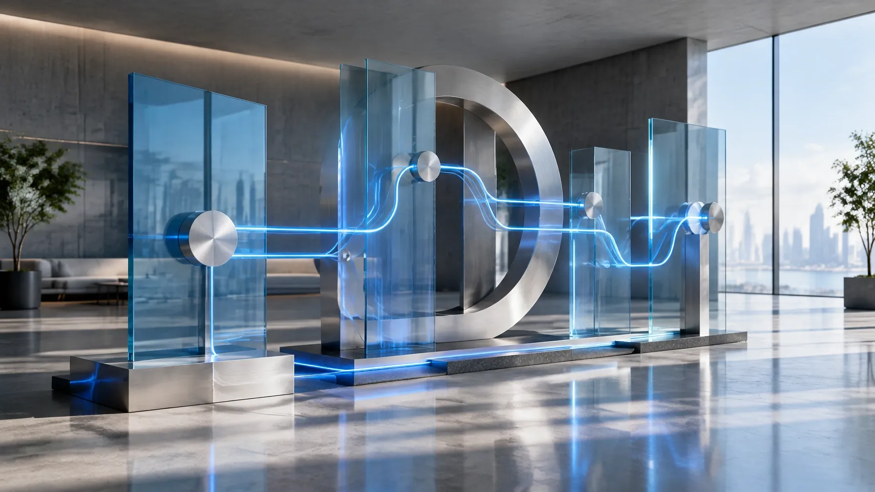 Blue-lit glass and metal installation representing connected service workflows