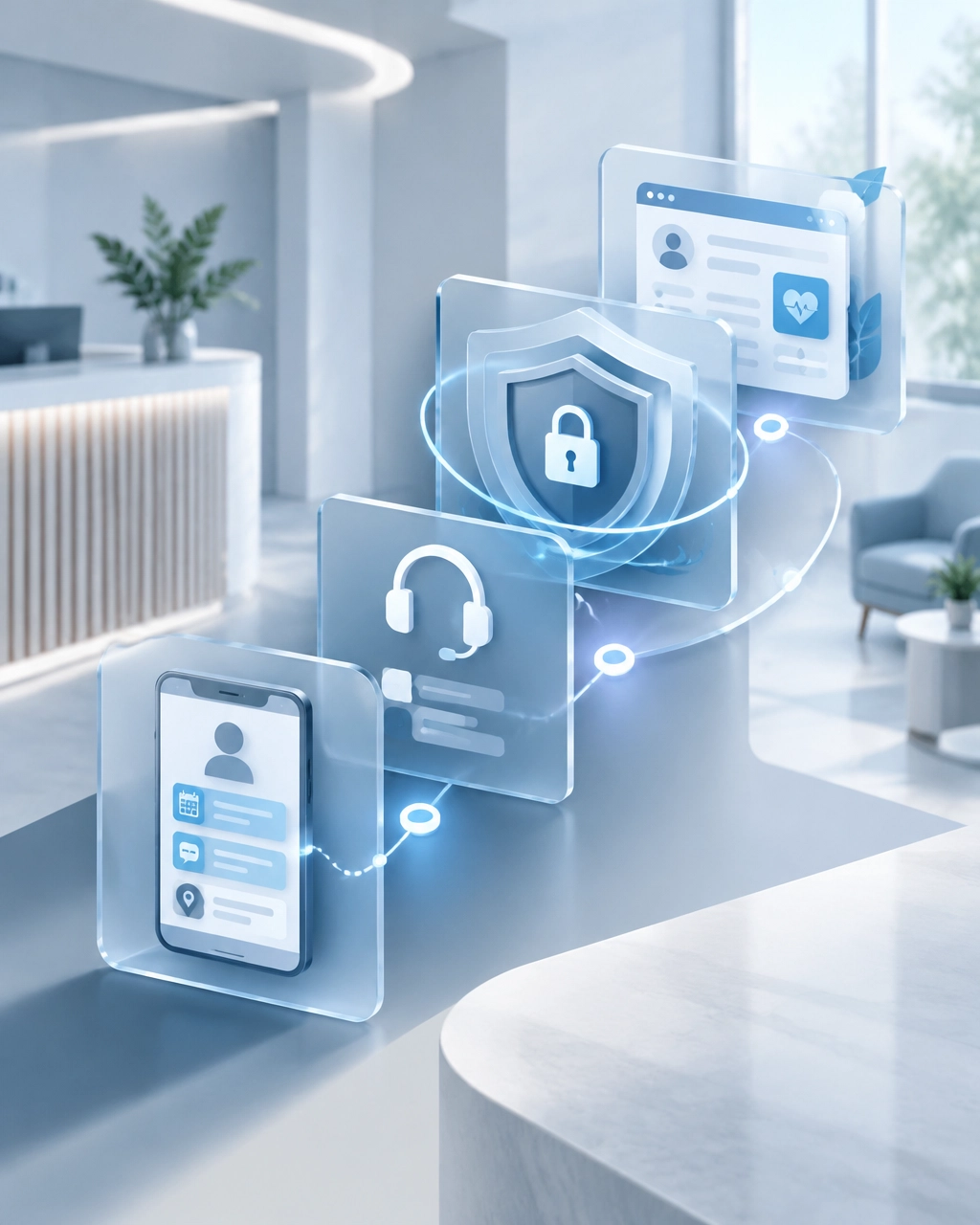Abstract healthcare support journey with secure, connected digital service layers