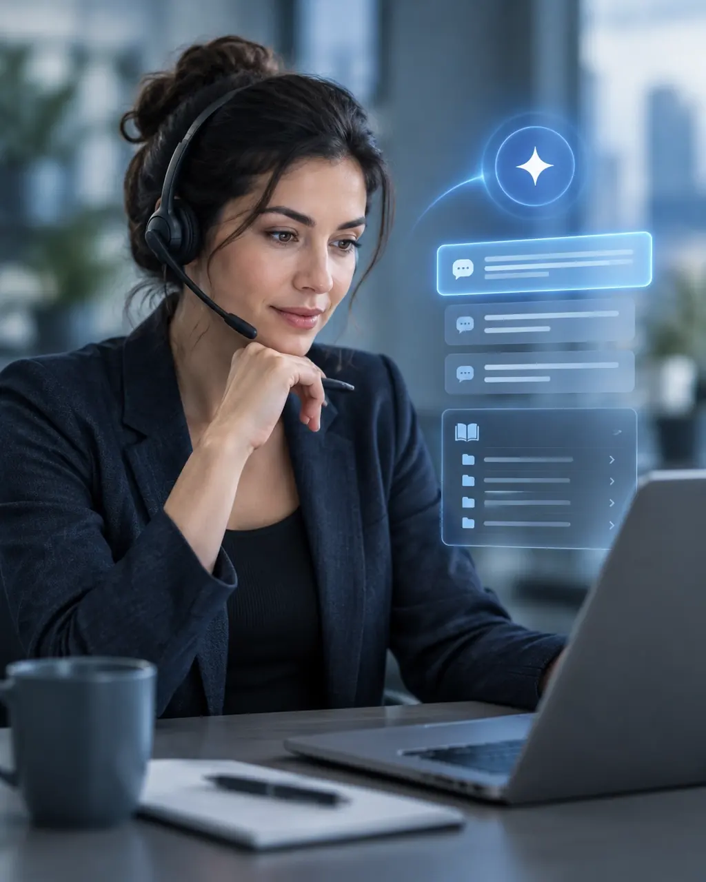 A customer service professional reviewing contextual AI suggestions while retaining control of the conversation